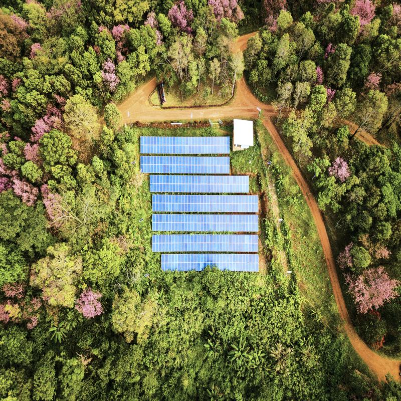 Aerial view of a group of solar panels