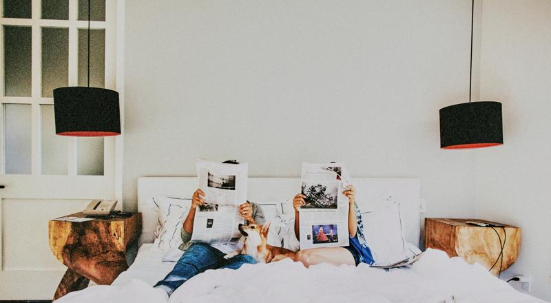 Couple reads newspaper on bed with dog.