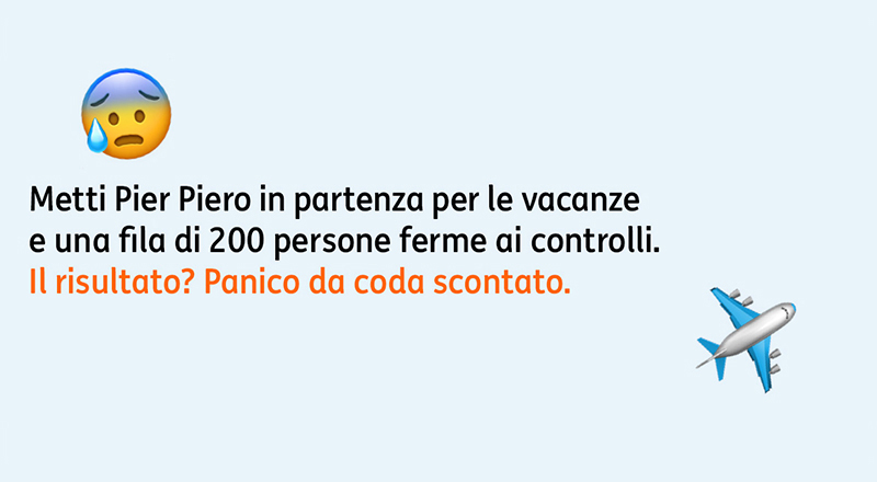 Metti Pier Piero in partenza per le vacanze e una fila di 200 persone ferme ai controlli. Il risultato? Panico da coda scontato.