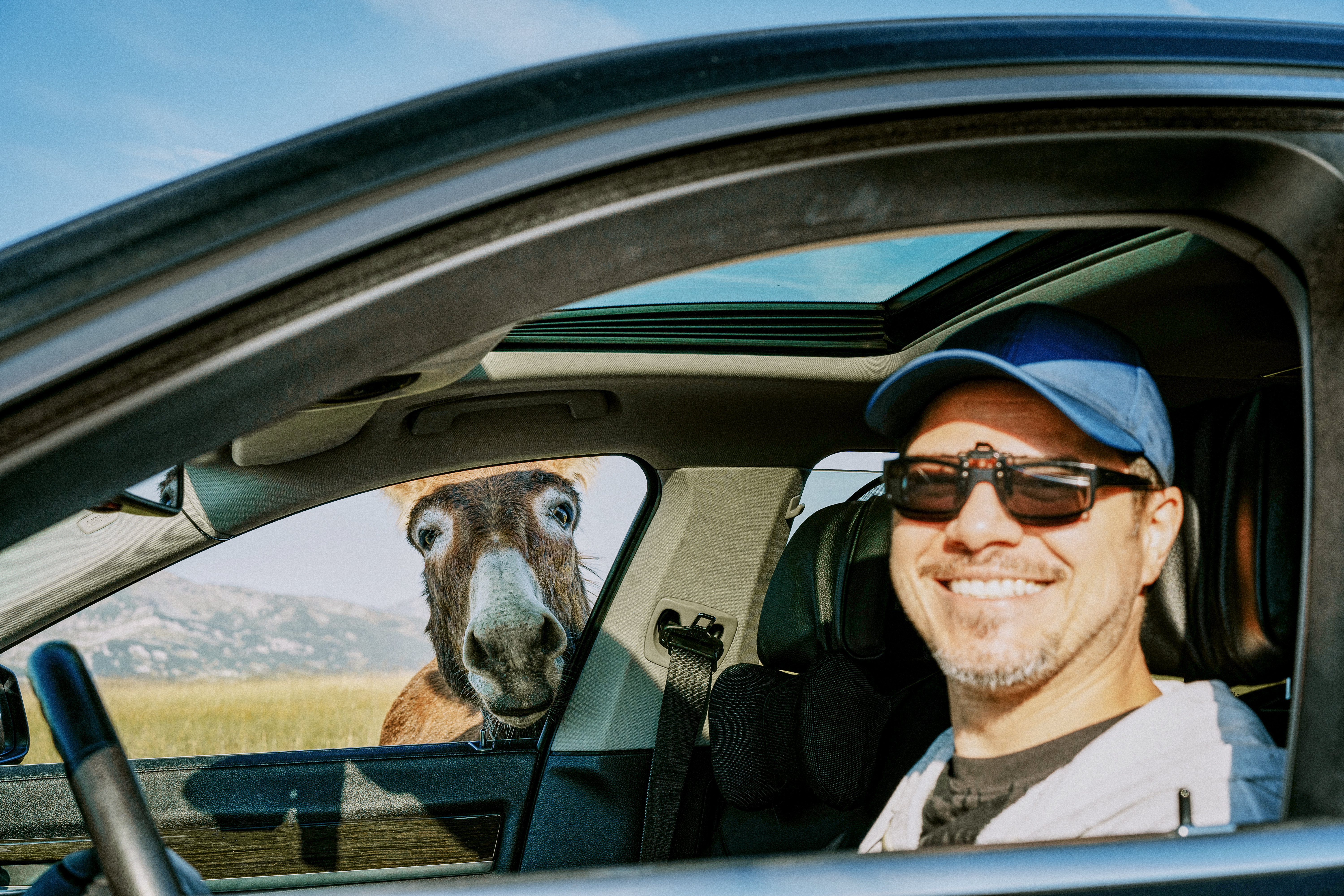 Man smiles at camera while donkey peers into car.